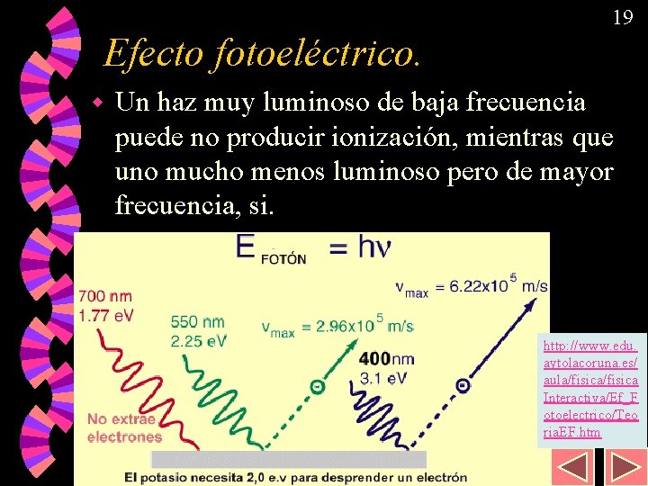 19 Efecto fotoeléctrico. w Un haz muy luminoso de baja frecuencia puede no producir