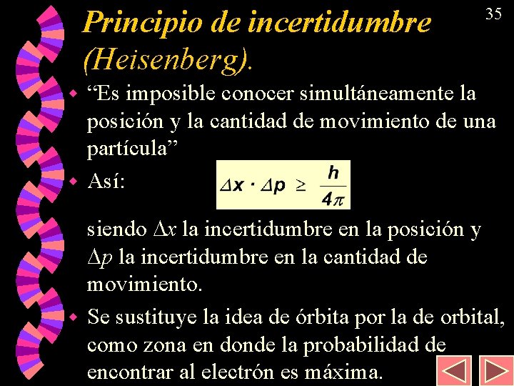 Principio de incertidumbre (Heisenberg). 35 “Es imposible conocer simultáneamente la posición y la cantidad