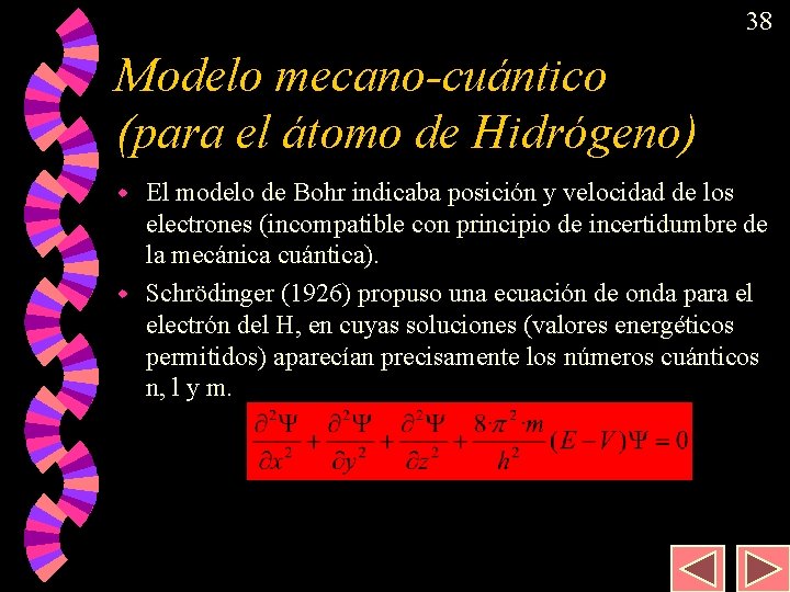 38 Modelo mecano-cuántico (para el átomo de Hidrógeno) El modelo de Bohr indicaba posición