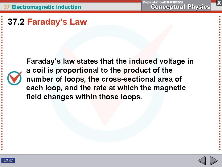 37 Electromagnetic Induction 37. 2 Faraday’s Law Faraday’s law states that the induced voltage