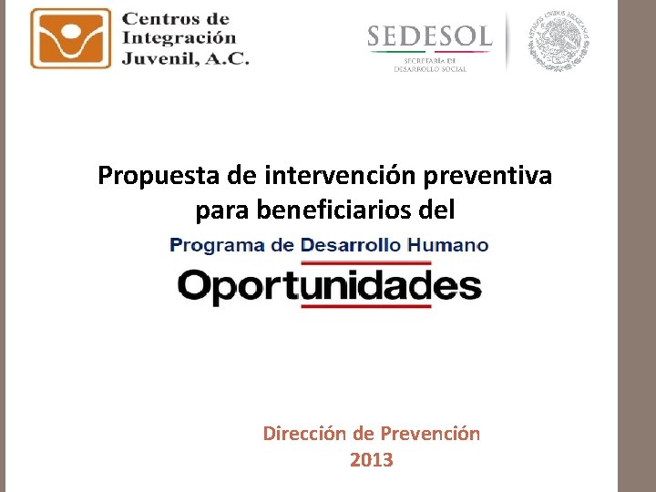 Propuesta de intervención preventiva para beneficiarios del Dirección de Prevención 2013 