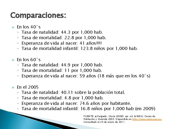 Comparaciones: Ø Ø Ø En los 40´s ◦ Tasa de natalidad: 44. 3 por