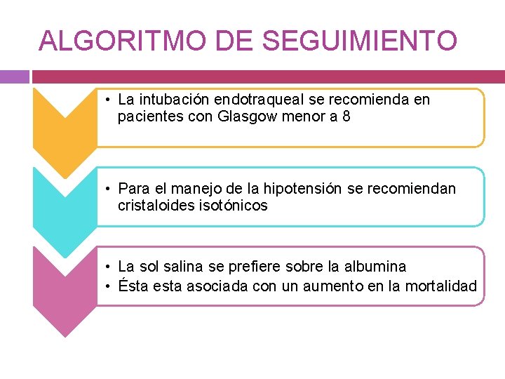 ALGORITMO DE SEGUIMIENTO • La intubación endotraqueal se recomienda en pacientes con Glasgow menor