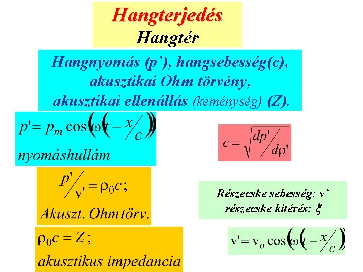 Hangterjedés Hangtér Hangnyomás (p’), hangsebesség(c), akusztikai Ohm törvény, akusztikai ellenállás (keménység) (Z). Részecske sebesség: