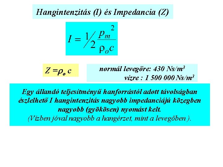 Hangintenzitás (I) és Impedancia (Z) Z = o c normál levegőre: 430 Ns/m 3