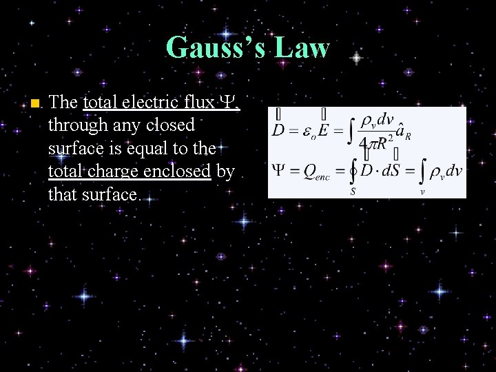 Gauss’s Law n The total electric flux Y, through any closed surface is equal