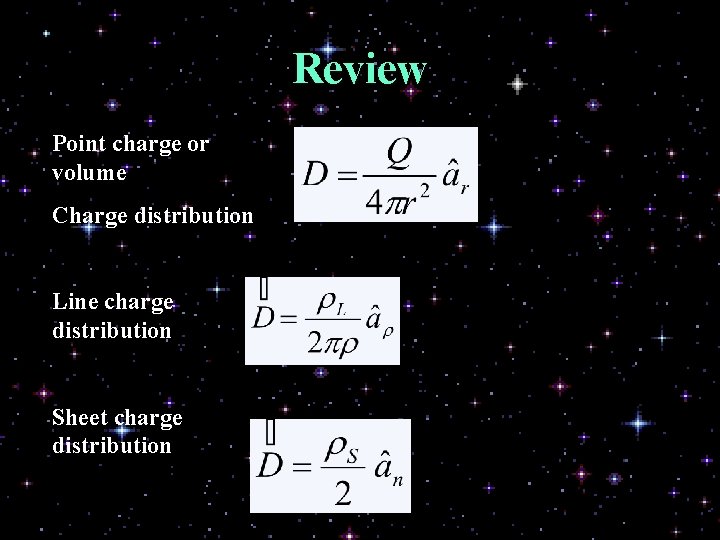 Review Point charge or volume Charge distribution Line charge distribution Sheet charge distribution 