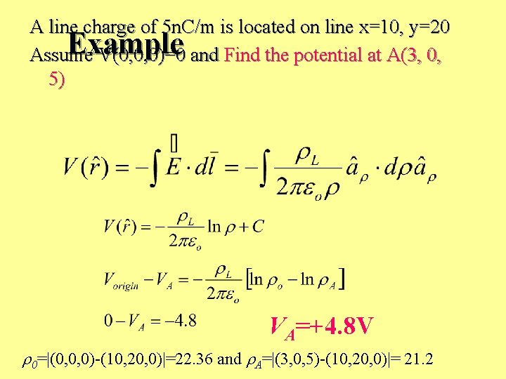 A line charge of 5 n. C/m is located on line x=10, y=20 Example