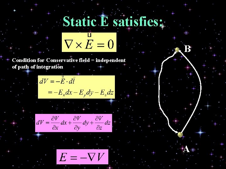 Static E satisfies: B Condition for Conservative field = independent of path of integration