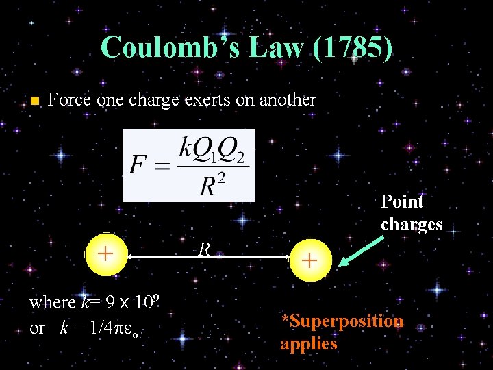 Coulomb’s Law (1785) n Force one charge exerts on another Point charges + where