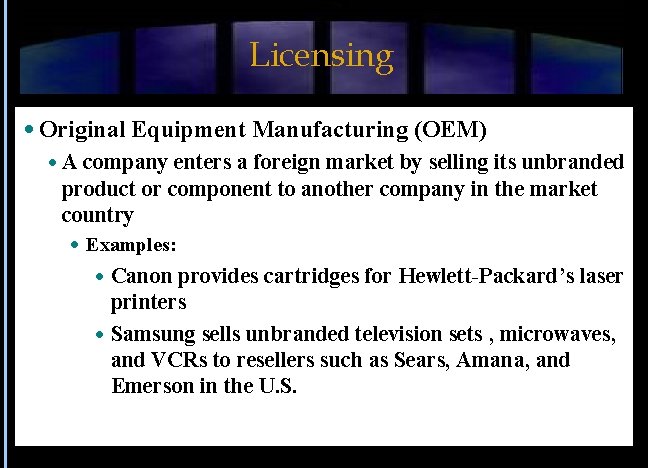 Licensing Original Equipment Manufacturing (OEM) A company enters a foreign market by selling its