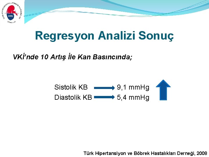 Regresyon Analizi Sonuç VKİ’nde 10 Artış İle Kan Basıncında; Sistolik KB Diastolik KB 9,