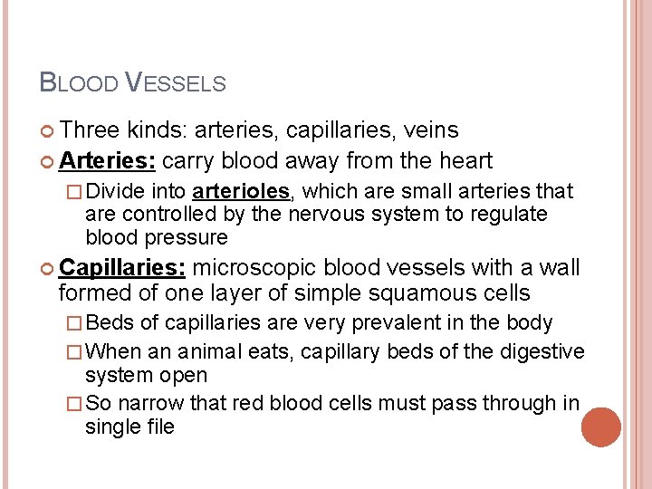 BLOOD VESSELS Three kinds: arteries, capillaries, veins Arteries: carry blood away from the heart