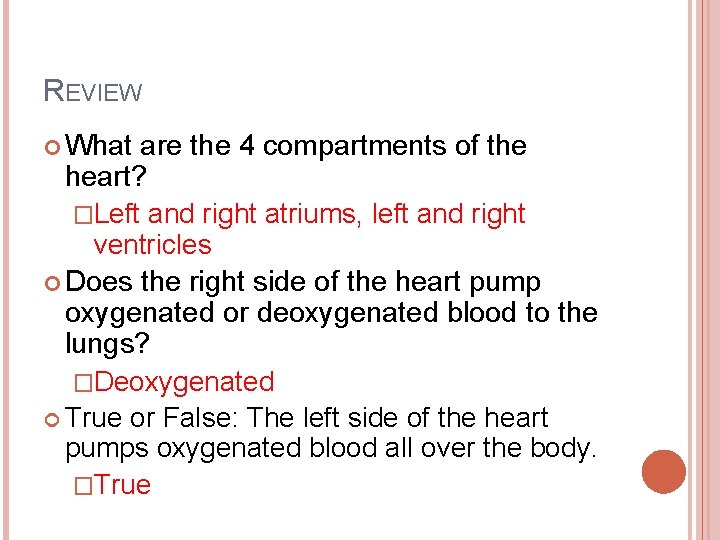 REVIEW What are the 4 compartments of the heart? �Left and right atriums, left