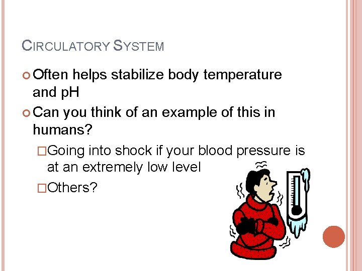 CIRCULATORY SYSTEM Often helps stabilize body temperature and p. H Can you think of