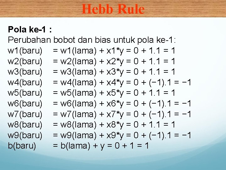 Hebb Rule Pola ke-1 : Perubahan bobot dan bias untuk pola ke-1: w 1(baru)
