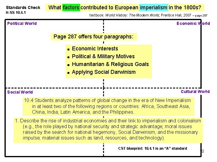 Standards Check What factors contributed to European imperialism in the 1800 s? H-SS 10.