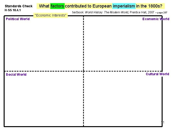 Standards Check What factors contributed to European imperialism in the 1800 s? H-SS 10.