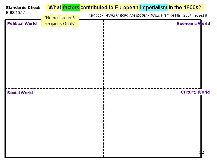 Standards Check What factors contributed to European imperialism in the 1800 s? H-SS 10.