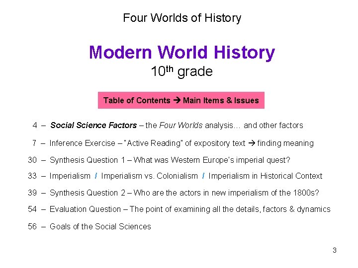 Four Worlds of History Modern World History 10 th grade Table of Contents Main