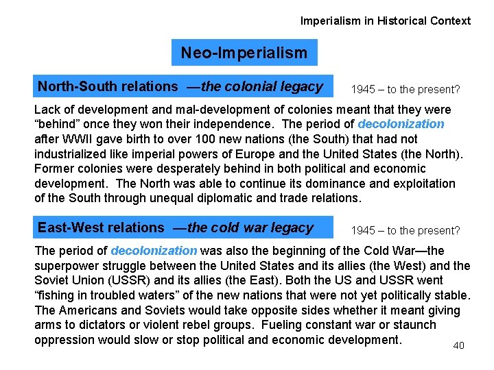 Imperialism in Historical Context Neo-Imperialism North-South relations —the colonial legacy 1945 – to the