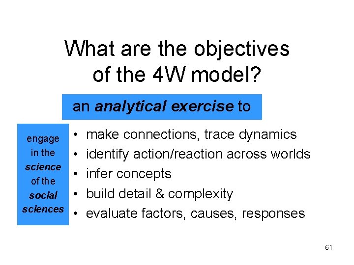 What are the objectives of the 4 W model? an analytical exercise to engage