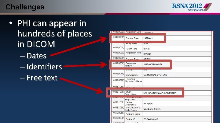 Challenges • PHI can appear in hundreds of places in DICOM – Dates –