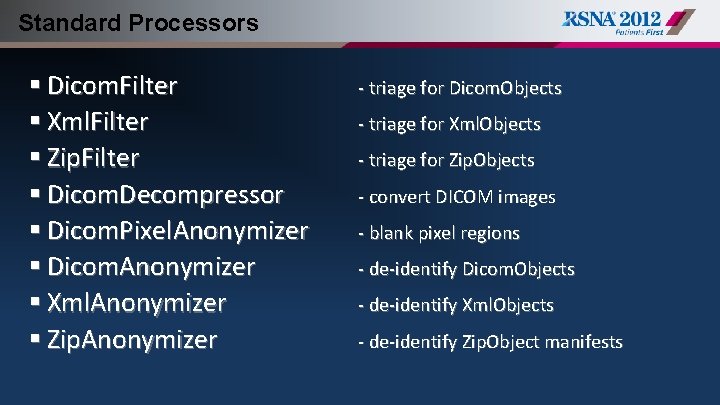 Standard Processors § Dicom. Filter § Xml. Filter § Zip. Filter § Dicom. Decompressor