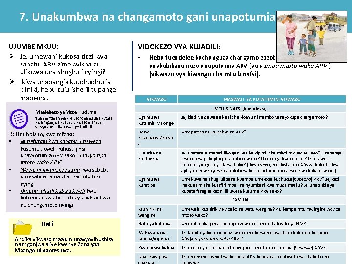 7. Unakumbwa na changamoto gani unapotumia ARV? UJUMBE MKUU: Ø Je, umewahi kukosa dozi 7. Unakumbwa na changamoto gani unapotumia ARV? UJUMBE MKUU: Ø Je, umewahi kukosa dozi