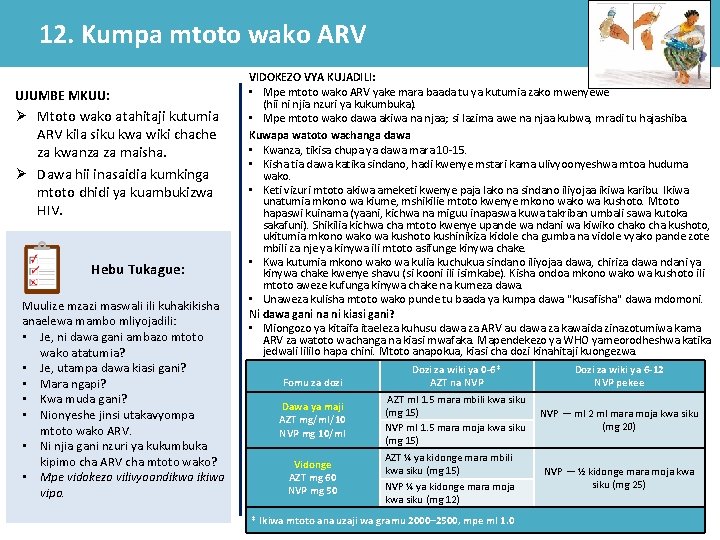 12. Kumpa mtoto wako ARV UJUMBE MKUU: Ø Mtoto wako atahitaji kutumia ARV kila 12. Kumpa mtoto wako ARV UJUMBE MKUU: Ø Mtoto wako atahitaji kutumia ARV kila