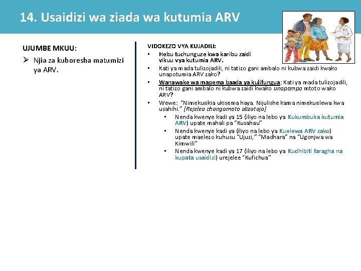 14. Usaidizi wa ziada wa kutumia ARV UJUMBE MKUU: Ø Njia za kuboresha matumizi 14. Usaidizi wa ziada wa kutumia ARV UJUMBE MKUU: Ø Njia za kuboresha matumizi