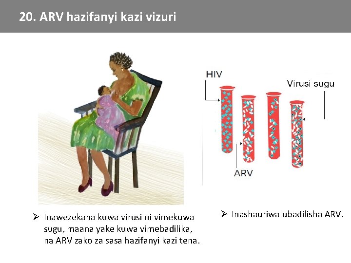 20. ARV hazifanyi kazi vizuri Ø Inawezekana kuwa virusi ni vimekuwa sugu, maana yake 20. ARV hazifanyi kazi vizuri Ø Inawezekana kuwa virusi ni vimekuwa sugu, maana yake