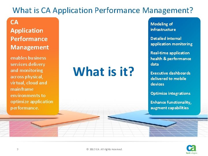 What is CA Application Performance Management? CA Application Performance Management enables business services delivery