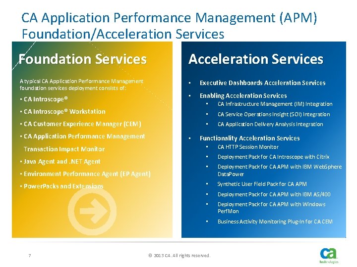 CA Application Performance Management (APM) Foundation/Acceleration Services Foundation Services Acceleration Services A typical CA