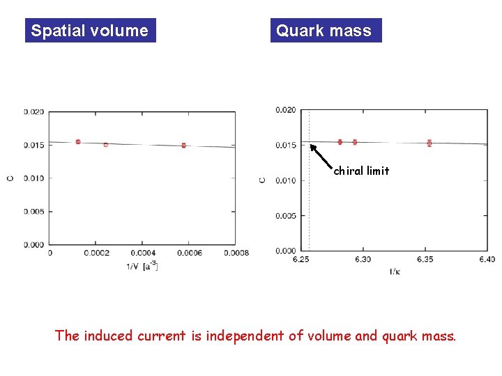Spatial volume Quark mass chiral limit The induced current is independent of volume and