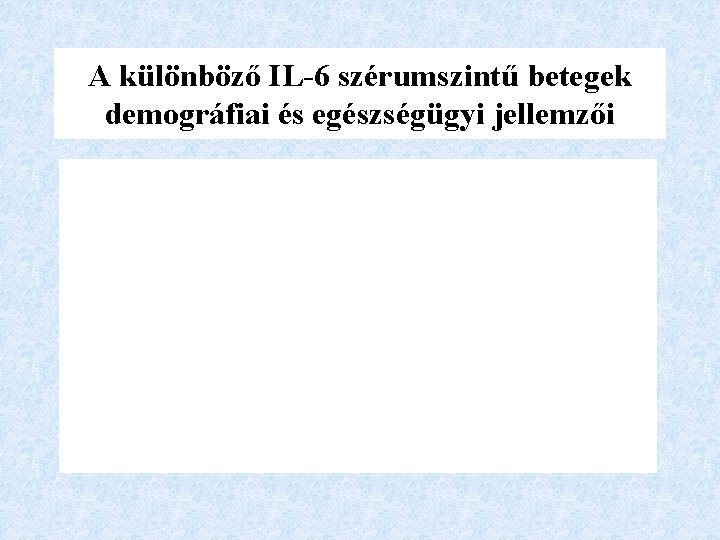 A különböző IL-6 szérumszintű betegek demográfiai és egészségügyi jellemzői 