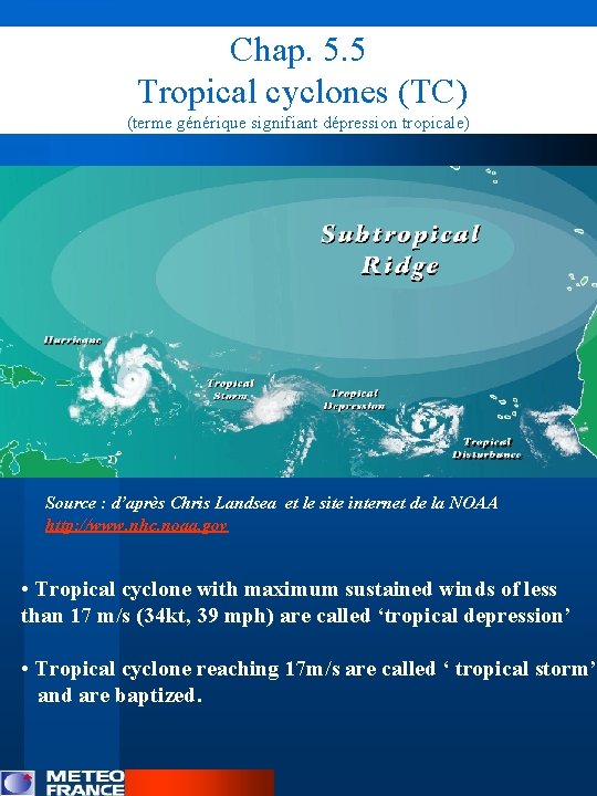 Chap. 5. 5 Tropical cyclones (TC) (terme générique signifiant dépression tropicale) Source : d’après