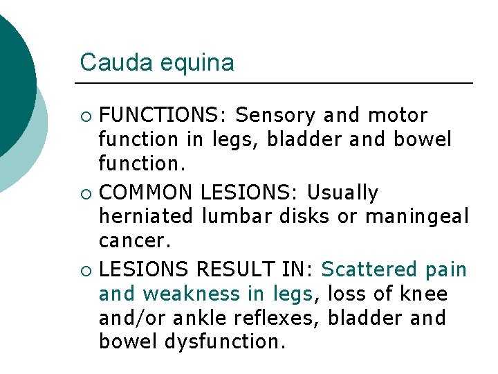 Cauda equina FUNCTIONS: Sensory and motor function in legs, bladder and bowel function. ¡