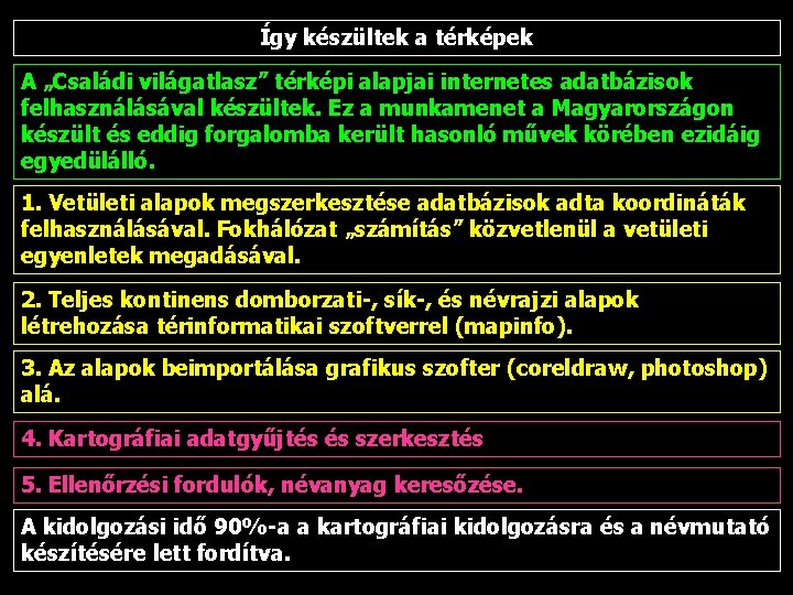 Így készültek a térképek A „Családi világatlasz” térképi alapjai internetes adatbázisok felhasználásával készültek. Ez