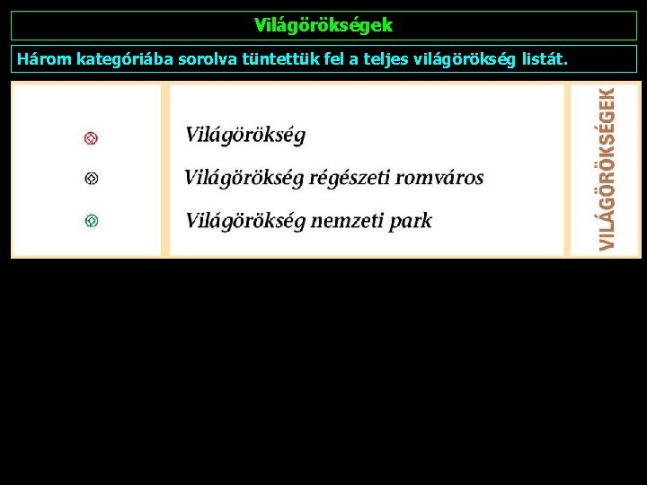 Világörökségek Három kategóriába sorolva tüntettük fel a teljes világörökség listát. 