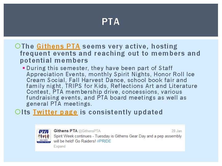 PTA The Githens PTA seems very active, hosting frequent events and reaching out to