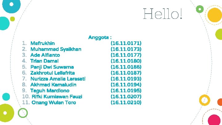 Hello! Anggota : 1. Mafrukhin (16. 11. 0171) 2. Muhammad Syaikhan (16. 11. 0173)