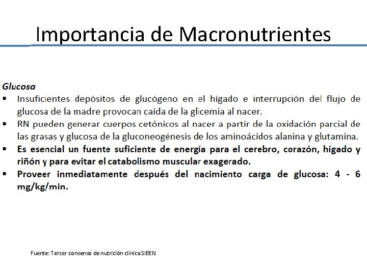 Importancia de Macronutrientes Fuente: Tercer consenso de nutrición clínica SIBEN Importancia de Macronutrientes Fuente: Tercer consenso de nutrición clínica SIBEN