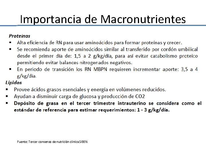 Importancia de Macronutrientes Fuente: Tercer consenso de nutrición clínica SIBEN Importancia de Macronutrientes Fuente: Tercer consenso de nutrición clínica SIBEN