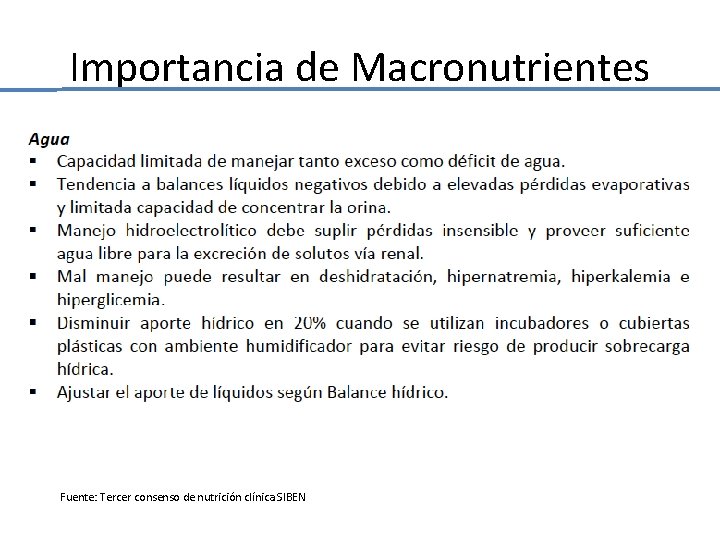 Importancia de Macronutrientes Fuente: Tercer consenso de nutrición clínica SIBEN Importancia de Macronutrientes Fuente: Tercer consenso de nutrición clínica SIBEN