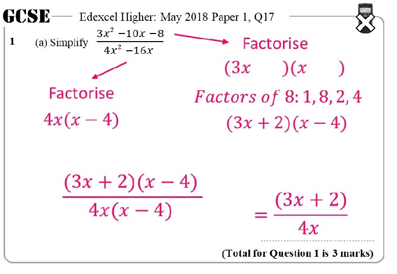 GCSE 1 Edexcel Higher: May 2018 Paper 1, Q 17 Factorise (Total for Question GCSE 1 Edexcel Higher: May 2018 Paper 1, Q 17 Factorise (Total for Question