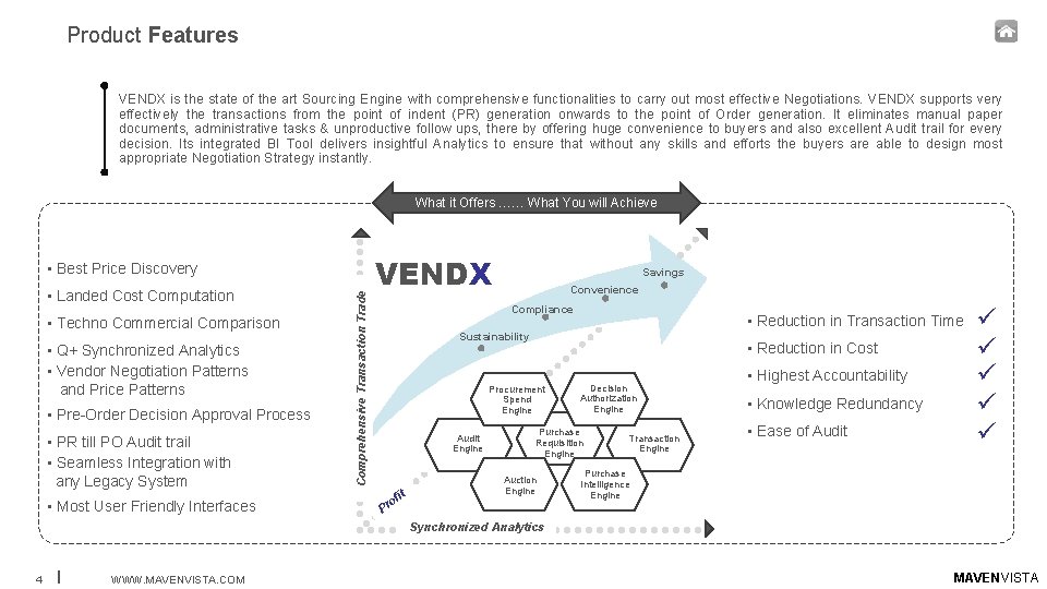 Product Features VENDX is the state of the art Sourcing Engine with comprehensive functionalities Product Features VENDX is the state of the art Sourcing Engine with comprehensive functionalities