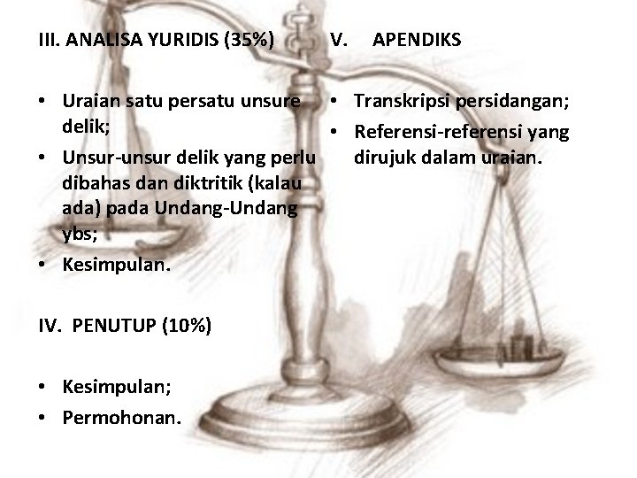 III. ANALISA YURIDIS (35%) V. APENDIKS • Uraian satu persatu unsure • Transkripsi persidangan;