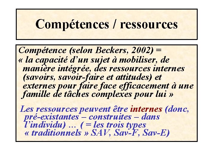 Compétences / ressources Compétence (selon Beckers, 2002) = « la capacité d’un sujet à