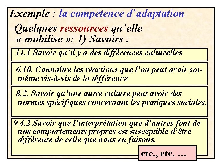 Exemple : la compétence d’adaptation Quelques ressources qu’elle « mobilise » : 1) Savoirs